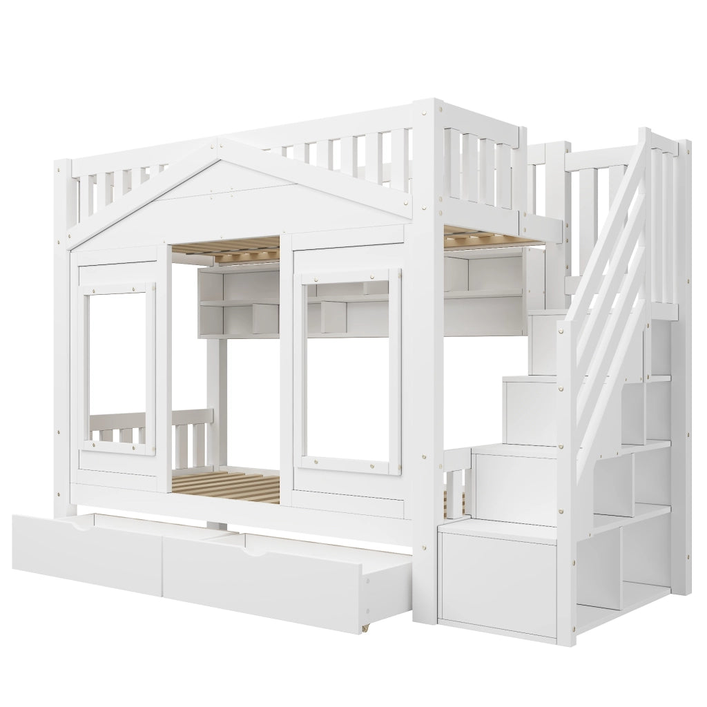 Letto a soppalco per bambini 90x200 cm con scala contenitore; finestra decorativa; parapetto; legno massello; bianco