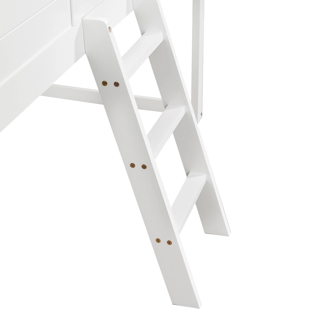 Letto a soppalco 90x200 cm con scala e protezioni; finestre grigie bianco e grigio