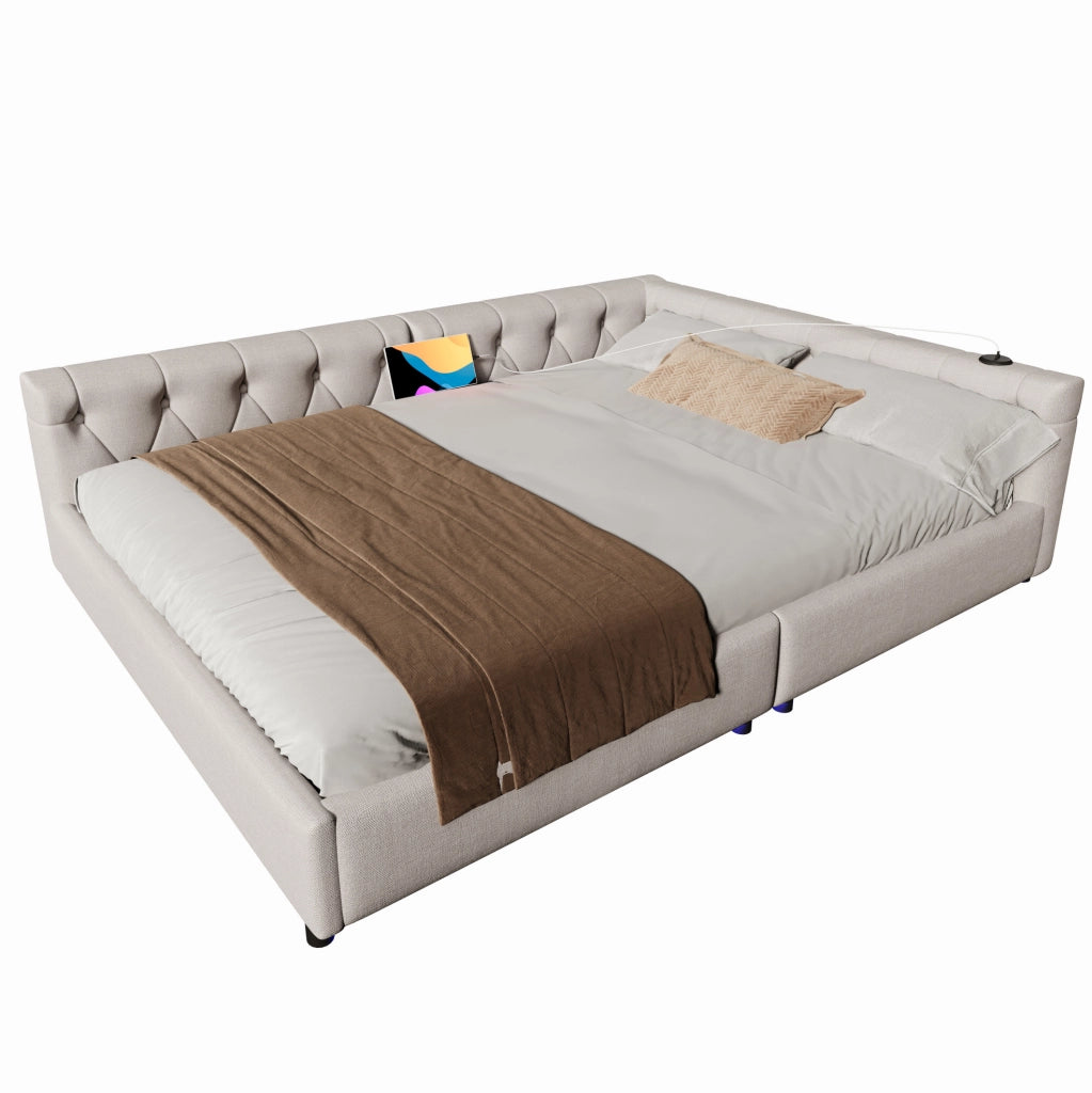 Letto 140x200 cm con LED; USB e Type-C in lino beige