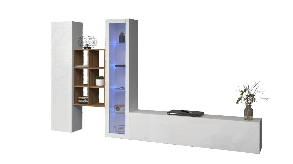 Parete attrezzata soggiorno mobile TV vetrina bianca libreria legno Rold WH