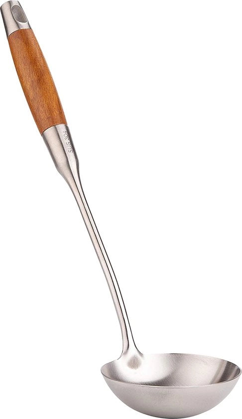 Cucchiaio da minestra con manico in legno lungo, utensili in acciaio inossidabile 304 (B-Cucchiaio)