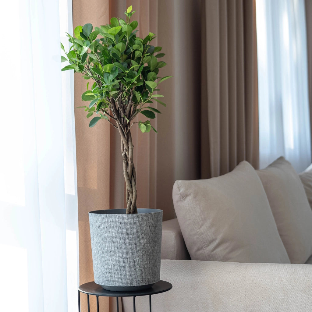 Vaso da fiori KADAX, coprivaso rotondo in tessuto grigio fantasia, 30 cm