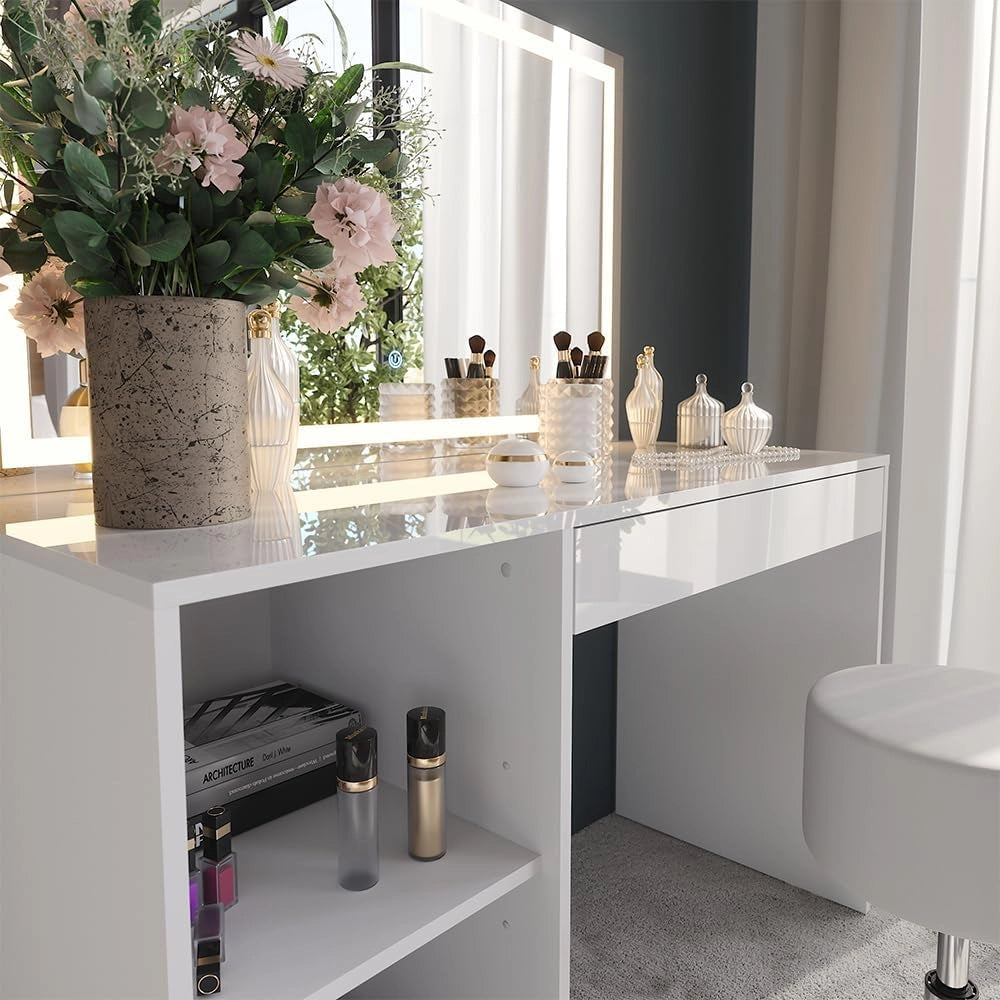 Tavolo da toeletta Sherry, Bianco/bianco lucido, 119.8 cm con illuminazione a LED e sgabello, adatto per l'uso quotidiano in camera da letto o cabina armadio