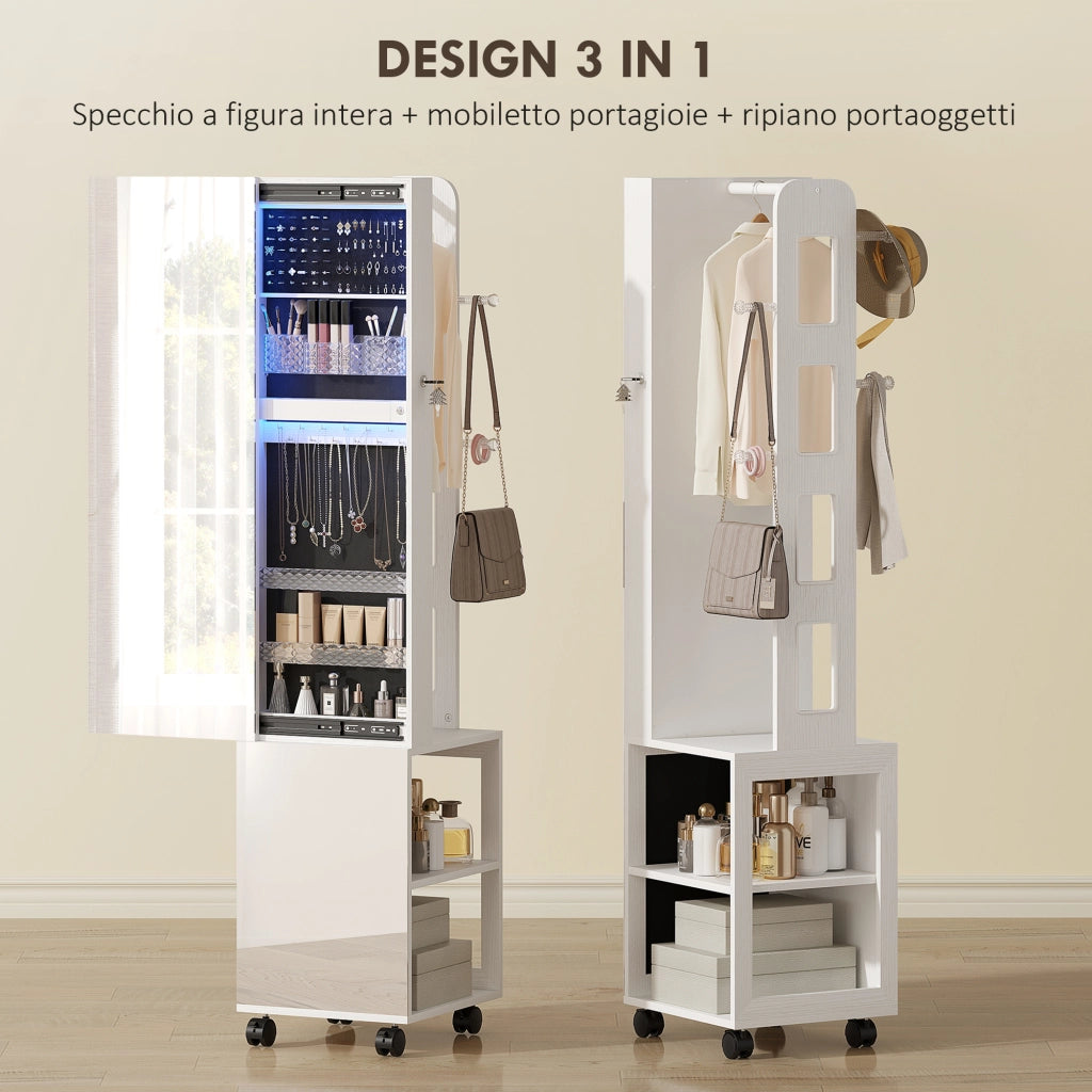 Specchio Girevole con Armadietto Portagioielli e Appendiabiti 37x40x165,5 cm Luce LED Regolabile e Serratura in MDF