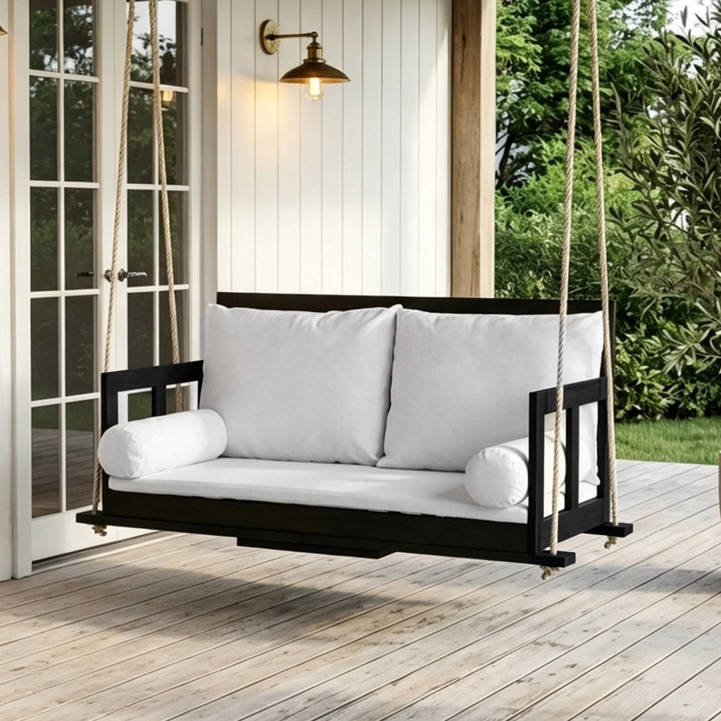 OKWISH Poltrona sospesa doppia con Cuscini e Braccioli, Giardino e Terrazza, Legno di acacia e Poliestere Nero