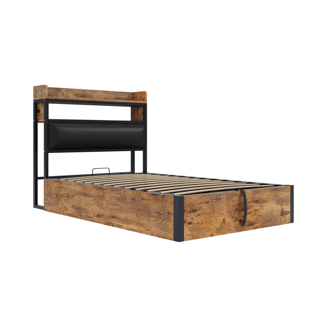 Letto contenitore 90x200 cm con sollevamento idraulico; USB e testiera imbottita in metallo; legno e tessuto