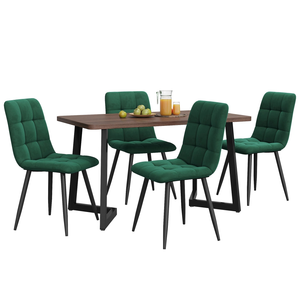Tavolo da pranzo con 4 sedie in MDF effetto noce e velluto, gambe in metallo nero, per cucina e sala da pranzo