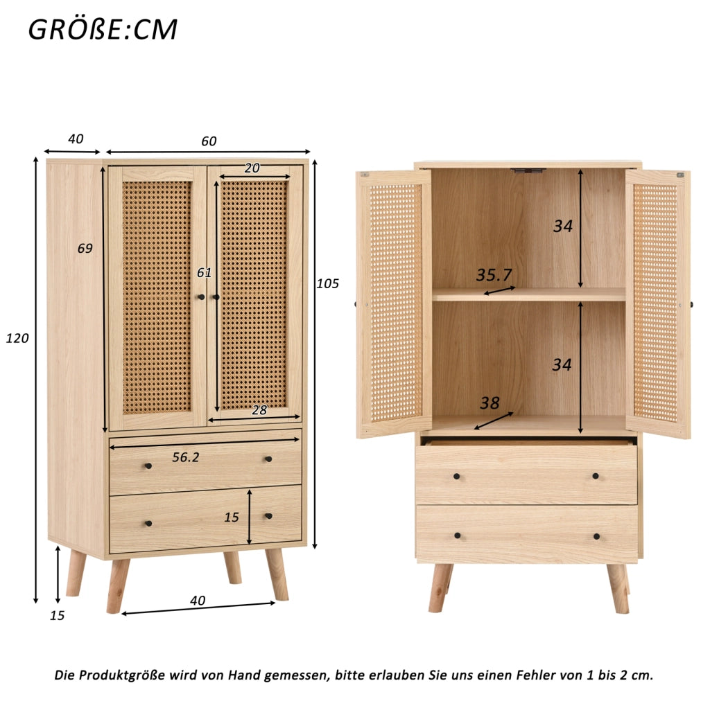 Credenza moderna 60x40x120 cm in truciolare color quercia con 2 ante e 2 cassetti