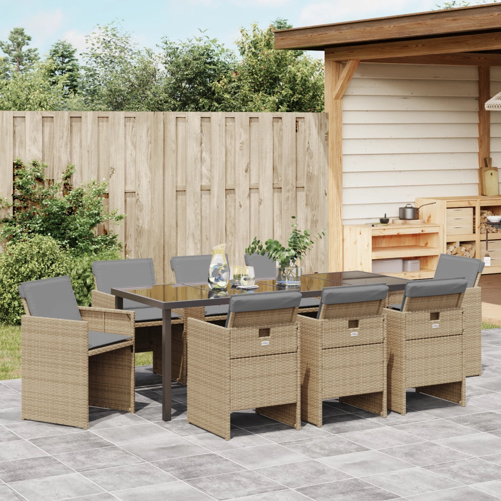 Set da Pranzo Giardino 9 Pezzi con Cuscini Beige Polyrattan