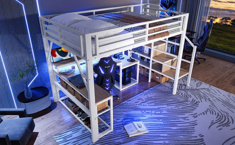 DESMIU Letto a soppalco 2 posti con scrivania, vani portaoggetti, USB e LED regolabile 140 × 200 cm, senza materasso