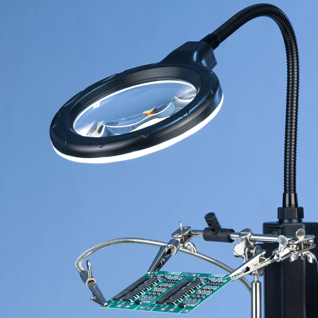 Terza Mano con Lente d'Ingrandimento LED TE-802 – Base Stabile, Braccio Flessibile | Ø85 mm, 2.5x + 4x