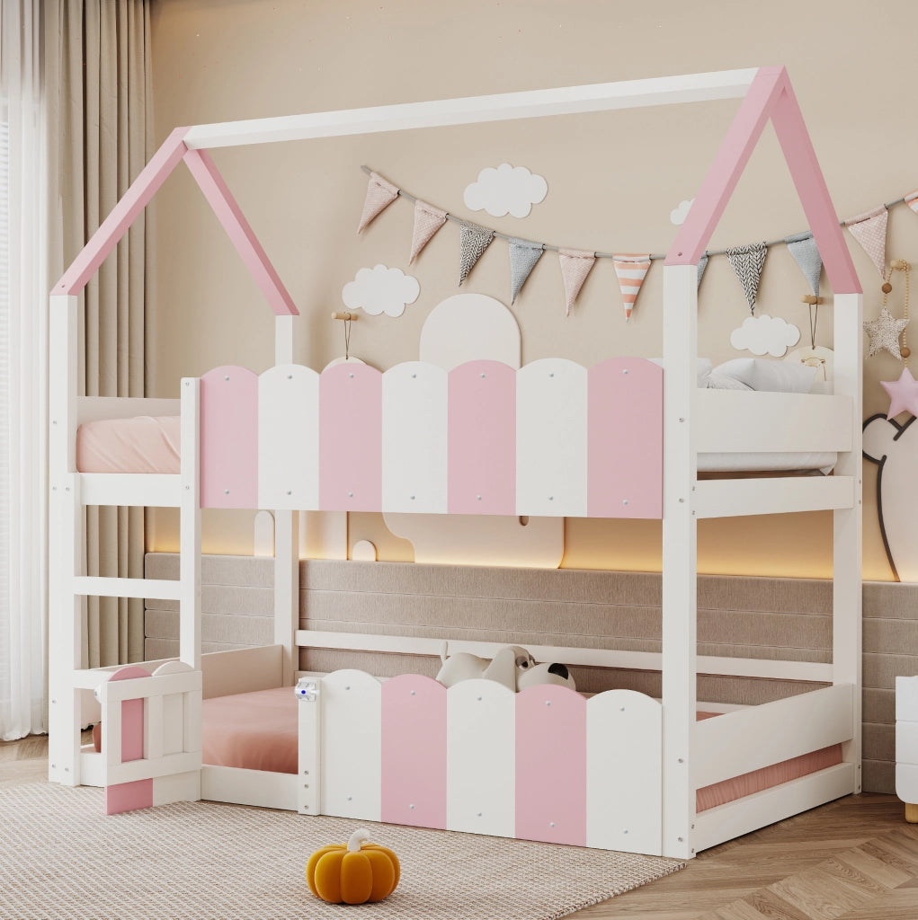 Letto a castello ULEVR 90x200 cm a forma di casa con scala e sponde di sicurezza, rosa e bianco