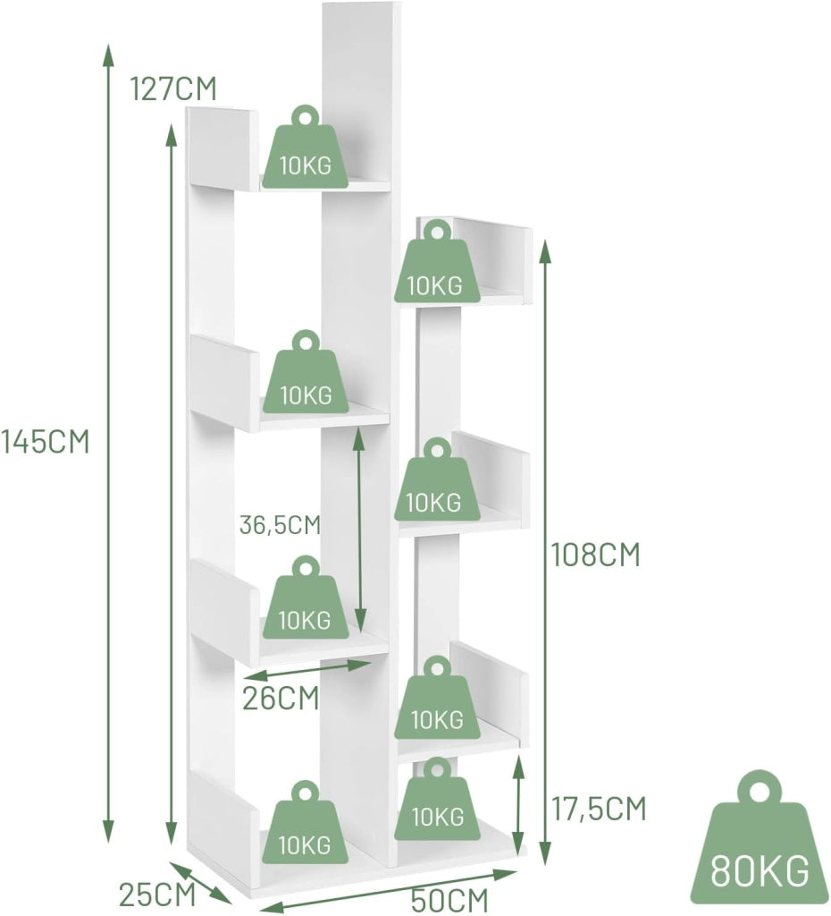 Libreria Multiuso da Terra, Libreria ad Albero con 8 Ripiani, Scaffale in Legno per Libri, Ideale per Soggiorno, Ufficio, 50 x 25 x 145 cm (Bianco)