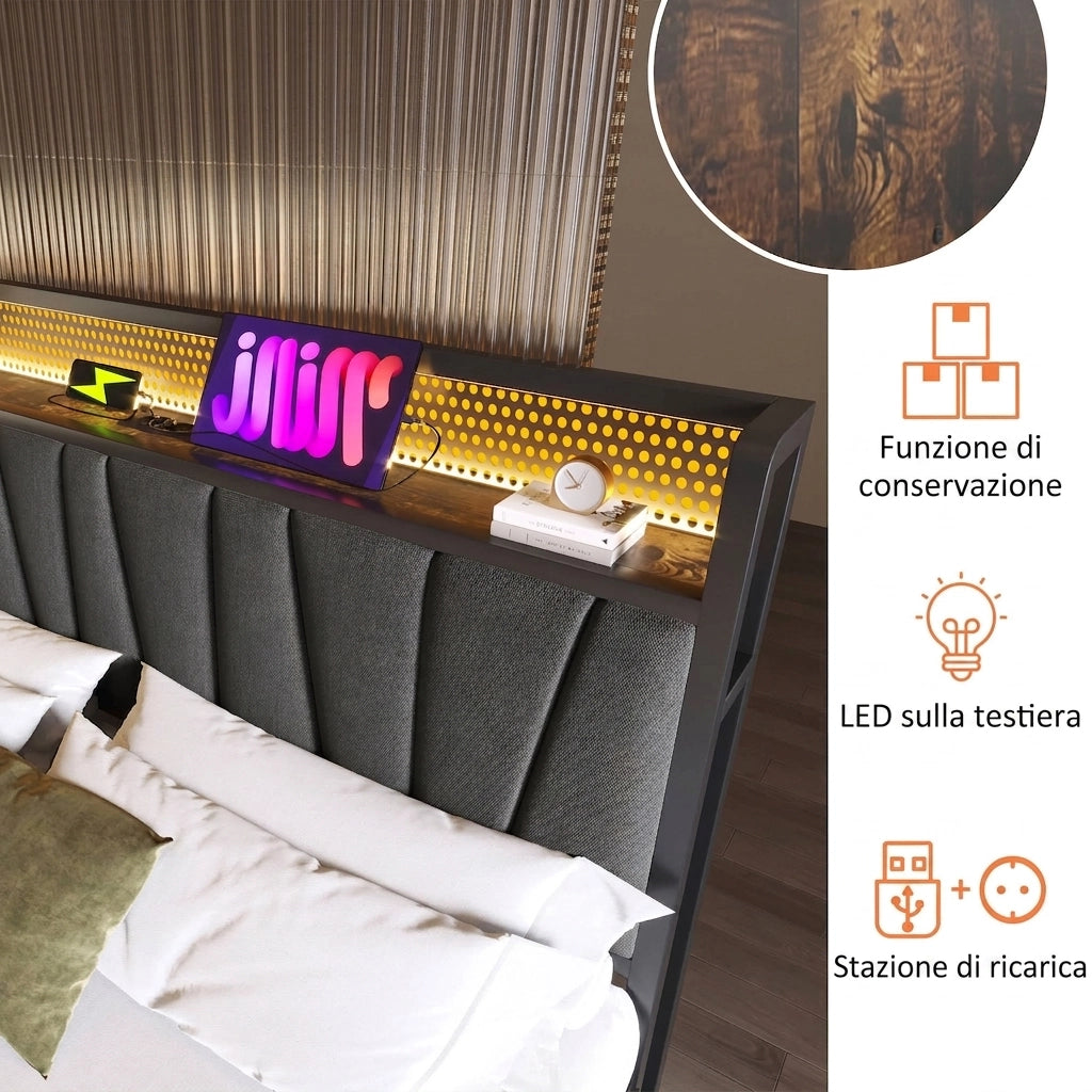 Letto matrimoniale 180x200 con Contenitore e LED App-Control; Testiera con Prese USB; Metallo e Lino; Grigio