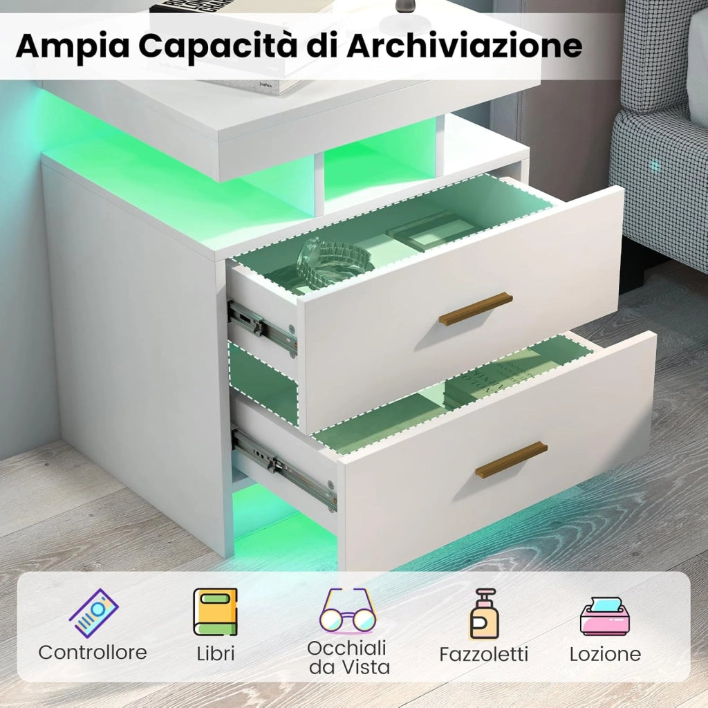 Comodino con Luci LED 50x40x58cm, Tavolino Camera da Letto Moderno con 2 Cassetti, Mobile Cameratta con Telecomando per Soggiorno e Ufficio (Bianco)