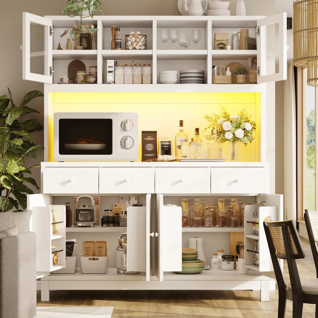 Credenza alta con LED RGB e ante in vetro 4 cassetti ripiani regolabili in MDF bianco 140 × 38,5 × 180 cm