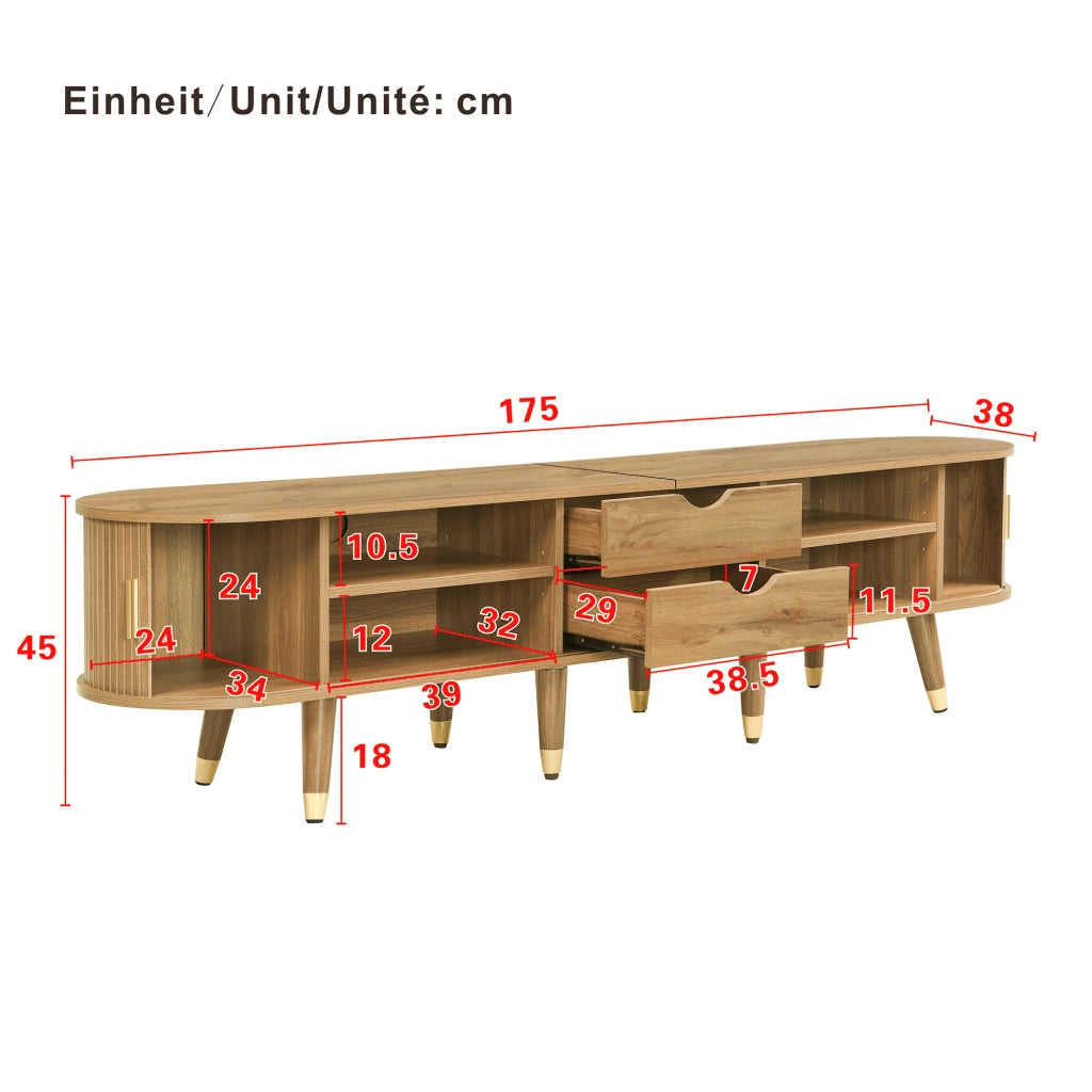 OKWISH Mobile TV con Ante Scorrevoli, 2 Cassetti e Vani Aperti, Passacavi, Stile Naturale, 175×38×45 cm