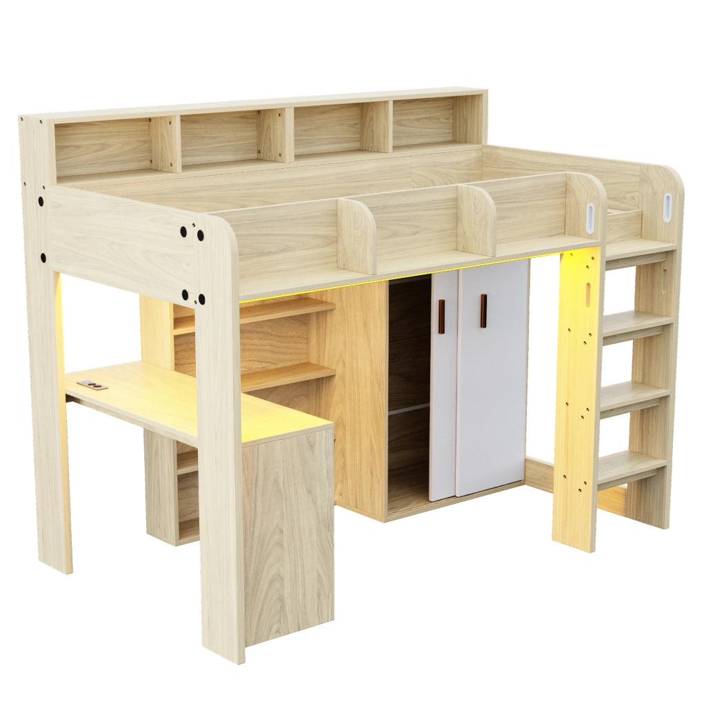 Letto a soppalco multifunzionale 90x200 cm in legno naturale con scrivania; armadio; LED e presa