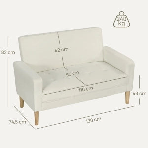 Divano a 2 posti con seduta in schiuma ad alta densità e gambe in legno di caucciù, bianco crema 130 × 74,5 × 82 cm