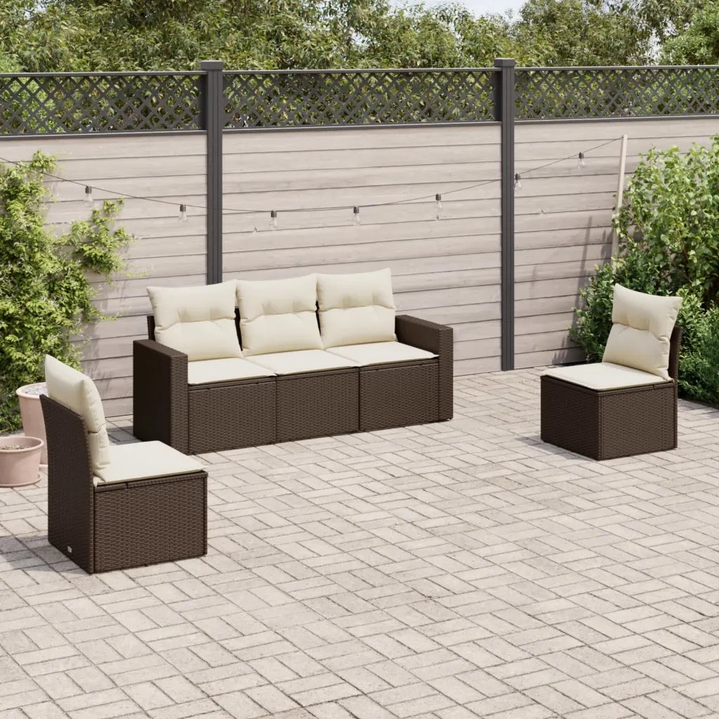 Set Divano da Giardino 5 pz | Set Salotto da Giardino con Cuscini Marrone in Polyrattan