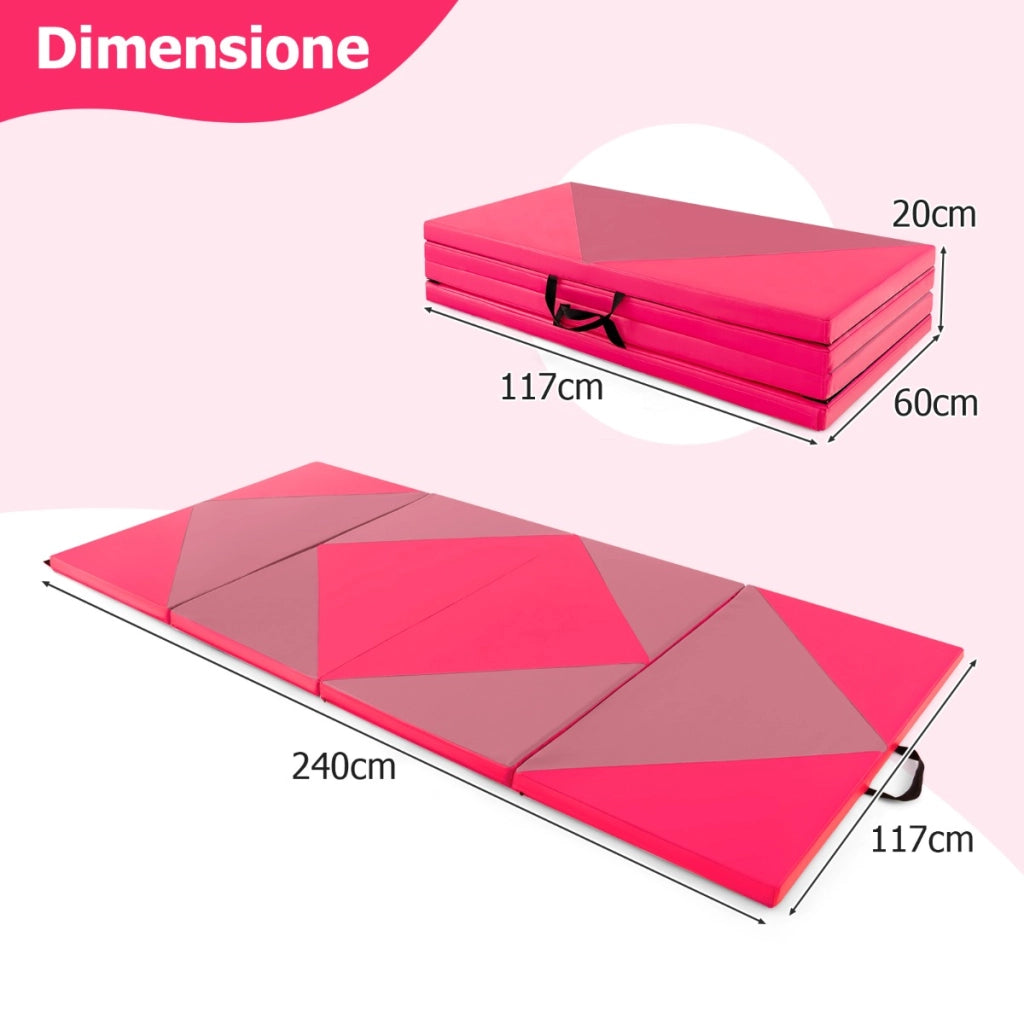 Tappetino ginnastica pieghevole, Tappetino per tumbling in pelle PU con chiusure a strappo 240x117x5cm Rosa scuro-Tappetini ginnastica e yoga