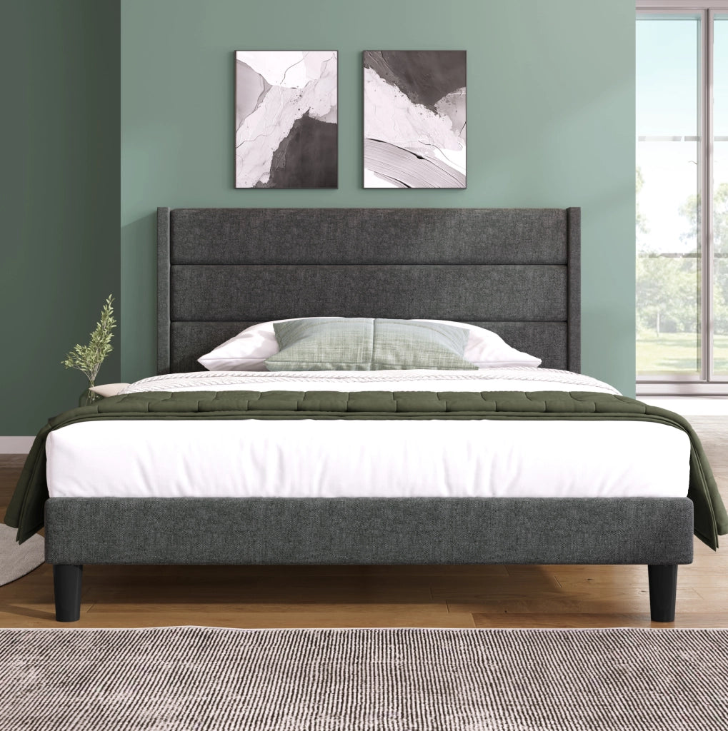 Letto imbottito 140x200 cm in tessuto effetto lino grigio con rete a doghe e testiera