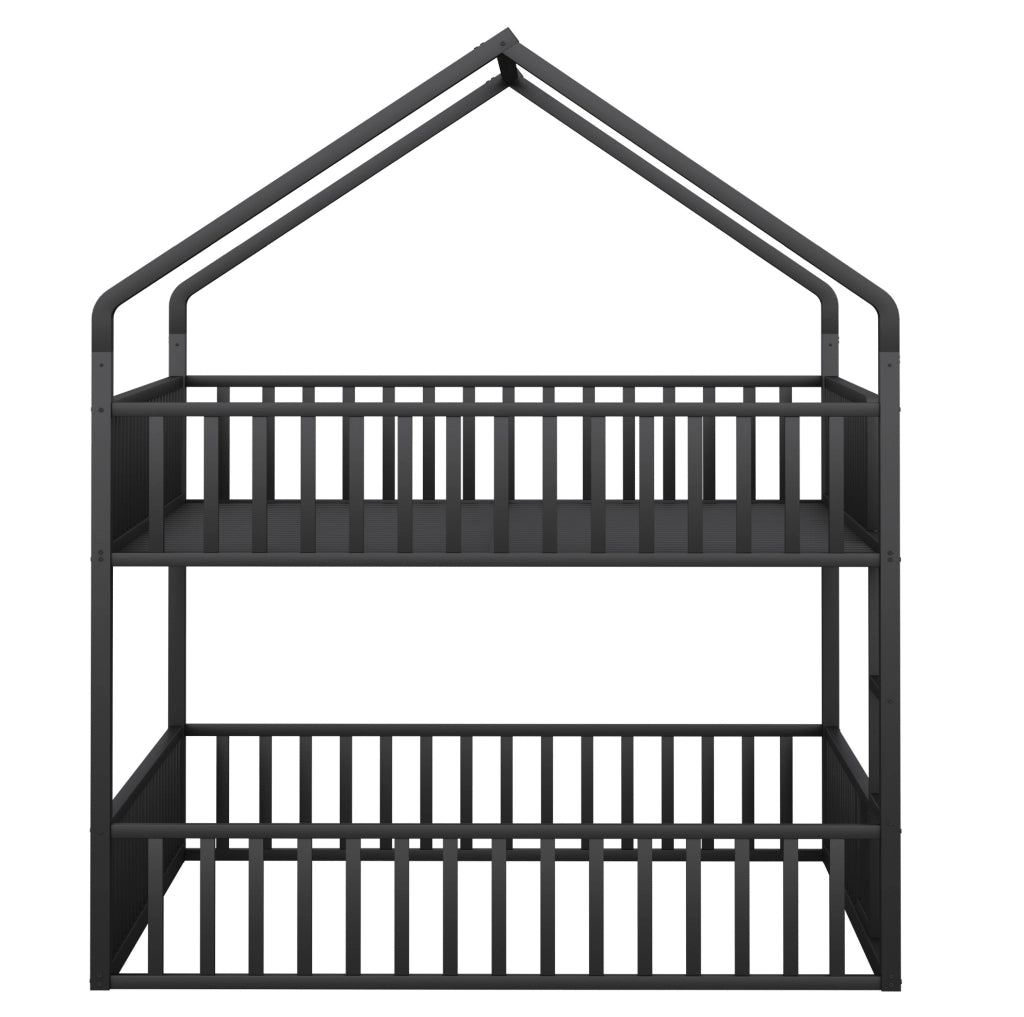 Letto a castello 140x200 cm a forma di casa con scaletta frontale in metallo nero