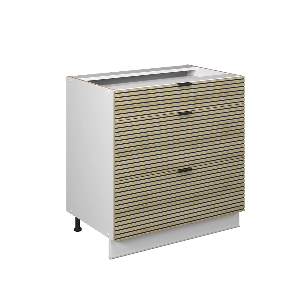 Mobiletto base per cucina Fame-Line Pannello in quercia/Bianco 80 cm con 3 cassetti, senza piano di lavoro Vicco