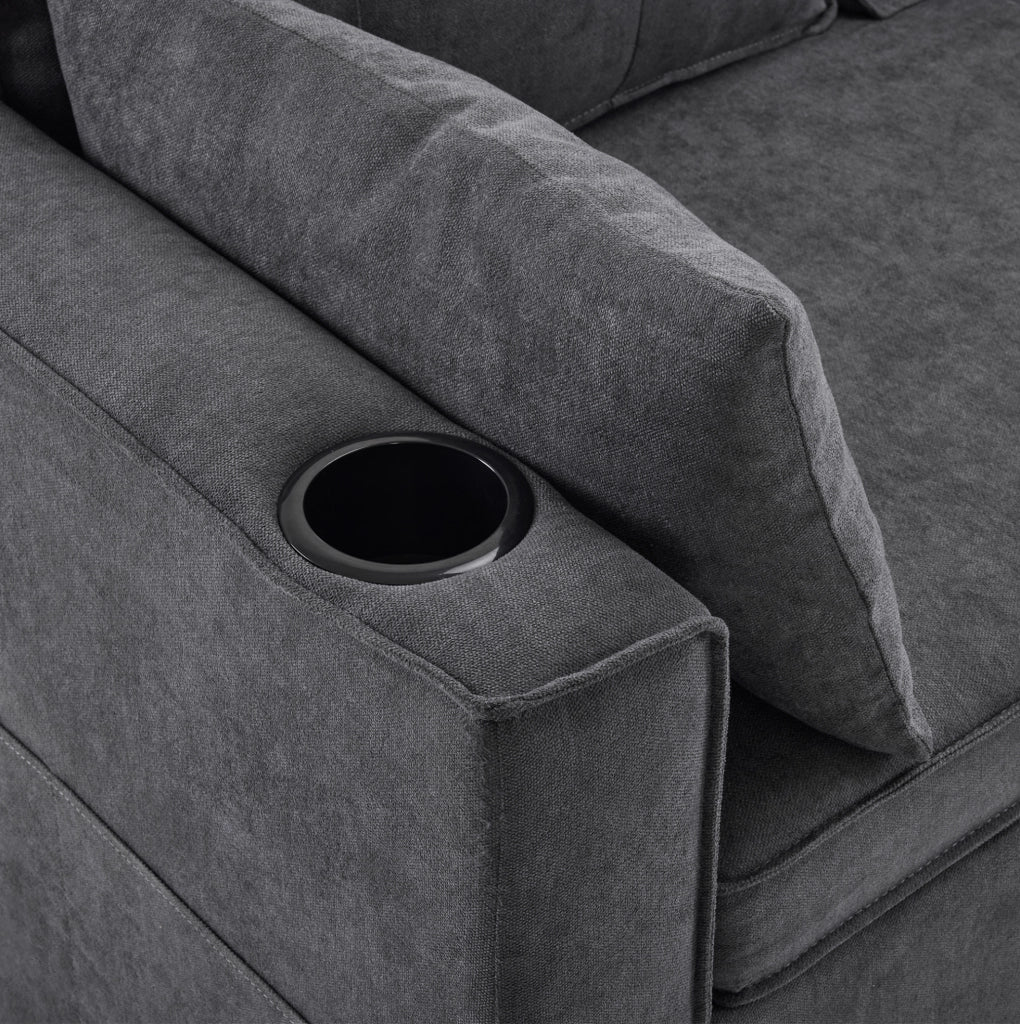 Divano letto con chaise longue reversibile; contenitore e portabicchieri in cotone e lino grigio