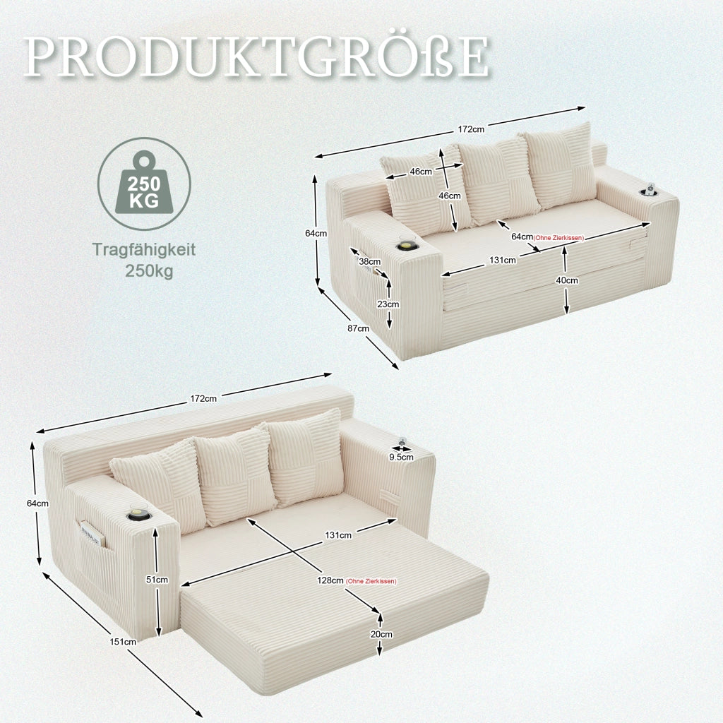 Divano modulare a 2 posti senza struttura in velluto a coste beige con portabevande e tasche laterali