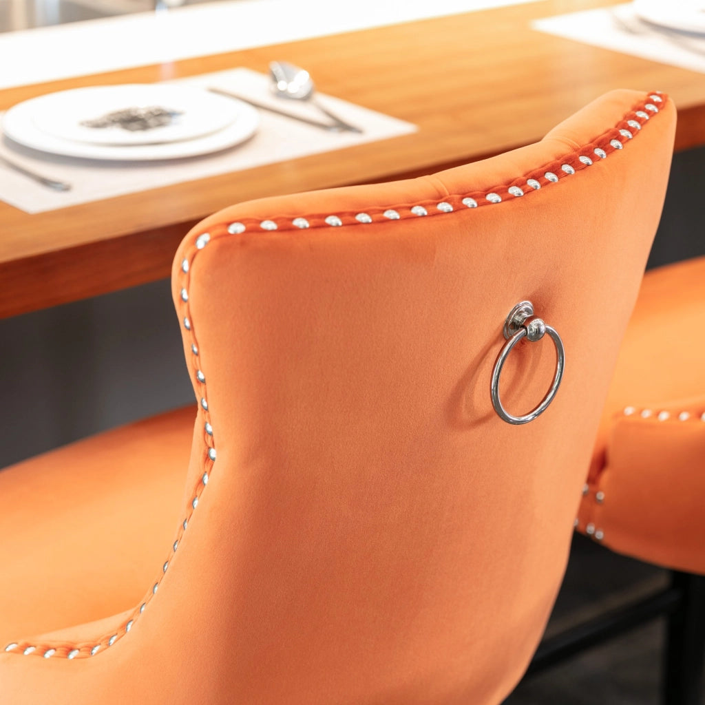 Set di 2 Sgabelli da Bar con Schienale Alto e Borchie Decorative; Gambe Regolabili; Velluto Arancione