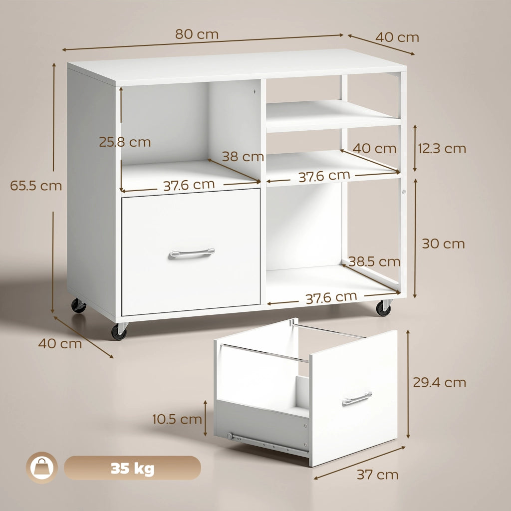 tavolo stampante con ruote e cassetto A4, ideale per casa e ufficio.