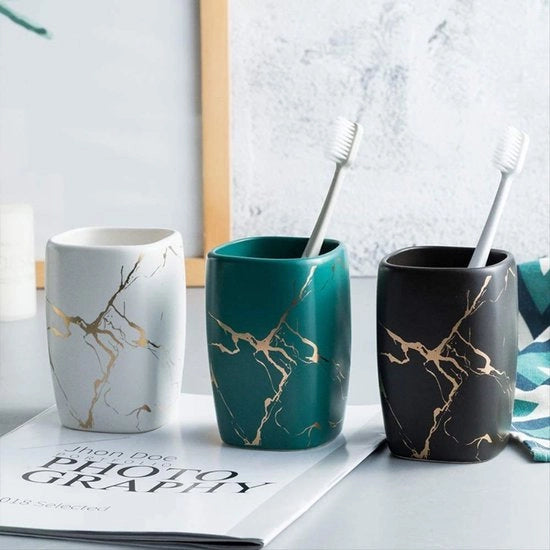 Tazza per spazzolino da denti in ceramica con finitura marmo, conteneditore per spazzolino da denti e dentifricio 10,8x7,2cm per la stanza da bagno