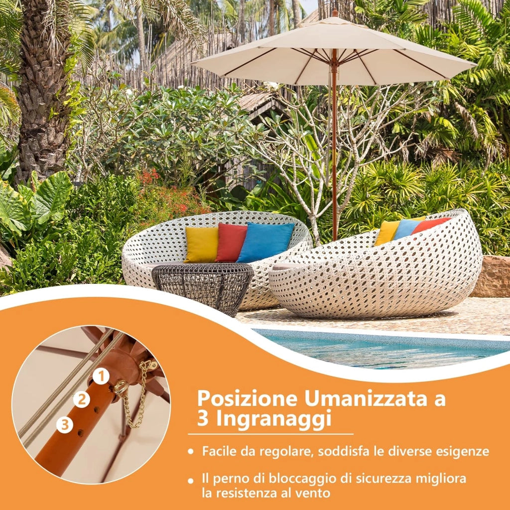 Ombrellone da Giardino di 260 cm, Ombrellone da Esterno con Altezza Regolabile, 8 Stecche, Protezione UV, per Giardino, Cortile, Patio, Piscina (Beige)