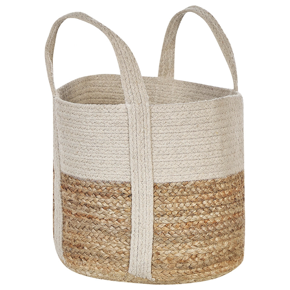Cesto portaoggetti in juta e cotone beige e bianco Cesto portabiancheria intrecciato con manici