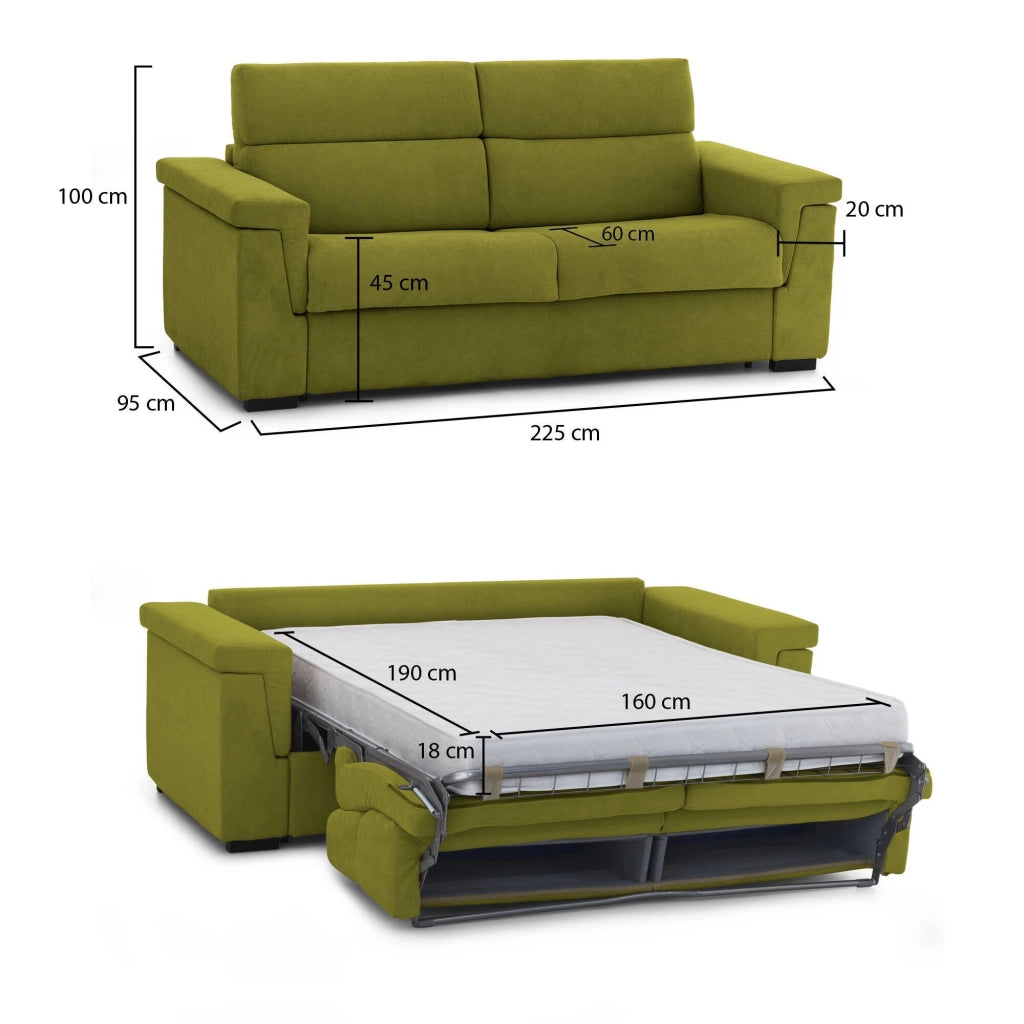 Benedetto, Divano Letto 3 Posti Sfoderabile Made in Italy, 225x95 cm Verde