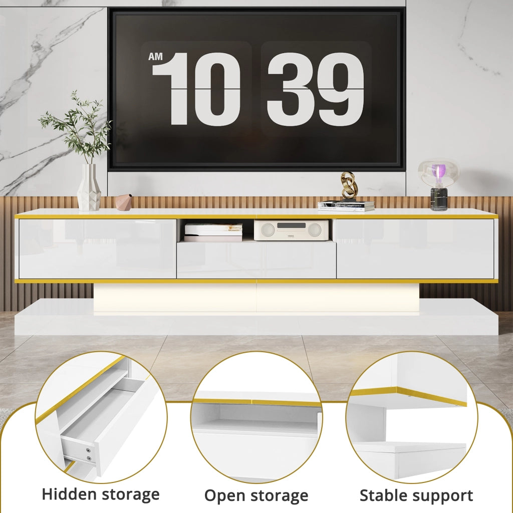 OKWISH Mobile TV con 3 Cassetti e 1 Vano Aperto, LED Multicolore, Finitura Lucida, per Soggiorno, 180 x 38 x 45 cm