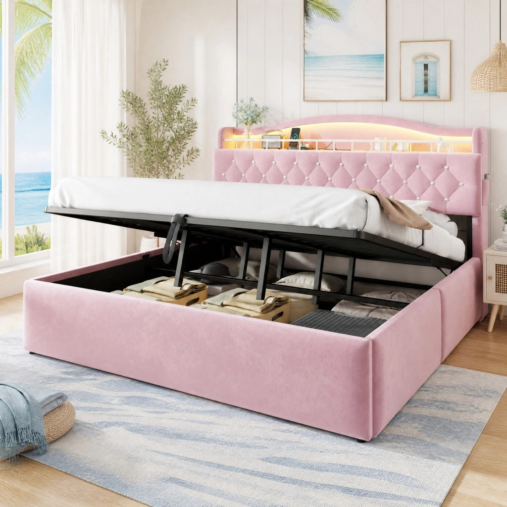 LETTO Contenitore 180x200 cm in Velluto Rosa con LED USB e USB-C