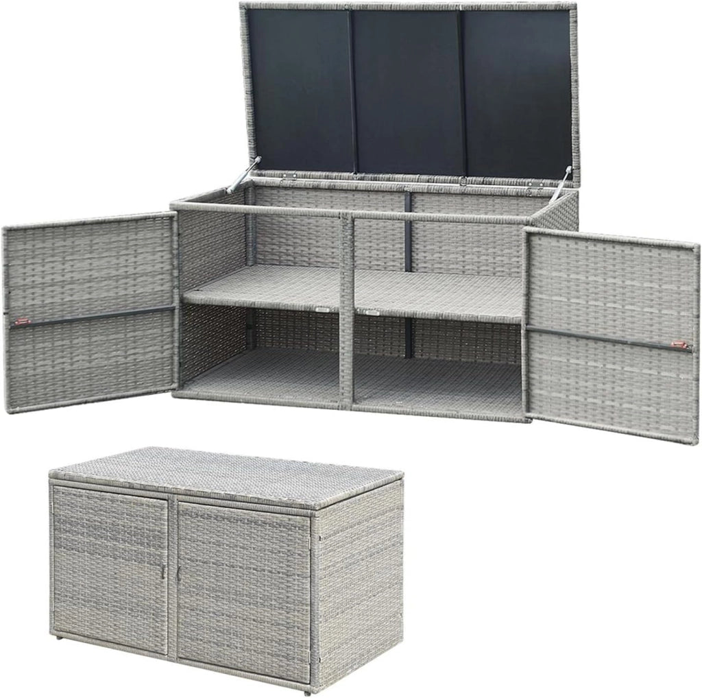 Cassapanca Contenitore da Esterno da 330L in Rattan, Telaio in Acciaio, Baule da Giardin Resistente ai Raggi UV, Mobile Balcone Impermeabile a 2 Ripiani per Cortile, 115x60x65 cm (Grigio)