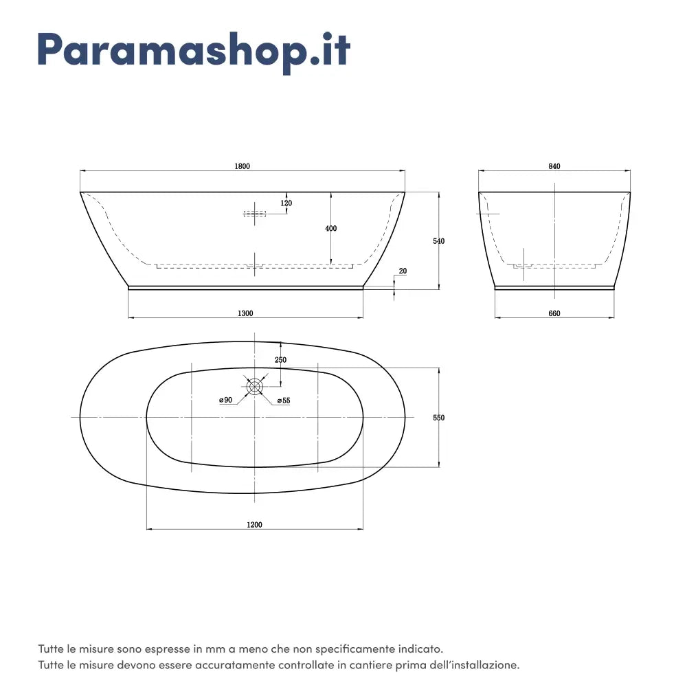 Vasca da bagno freestanding 180 cm acrilico bianco lucido centro stanza | Margherita