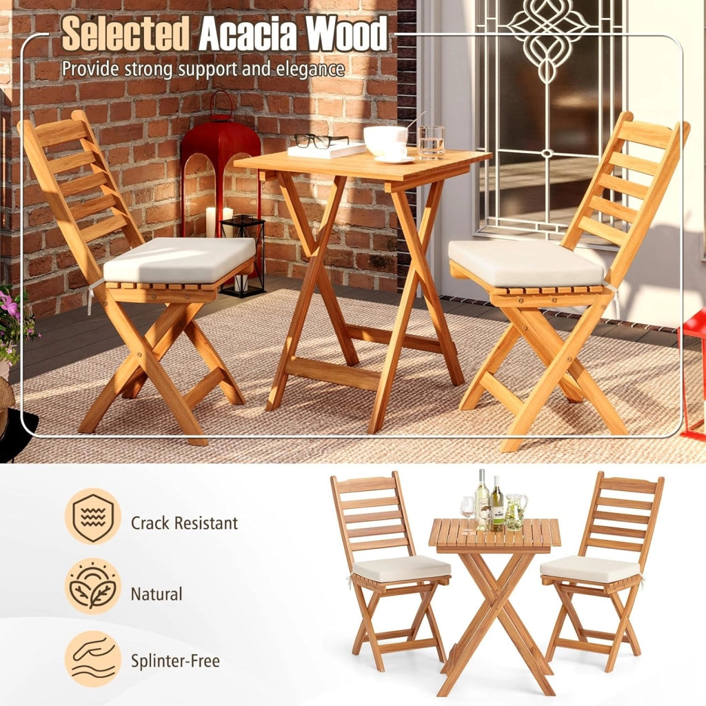 Set da bistrò da 3 pezzi, pieghevole, set da tavolo e 2 sedie in legno di acacia per giardino, set di sedute con cuscini e tavolo quadrato per terreza, balcone (listoni orizzontali)