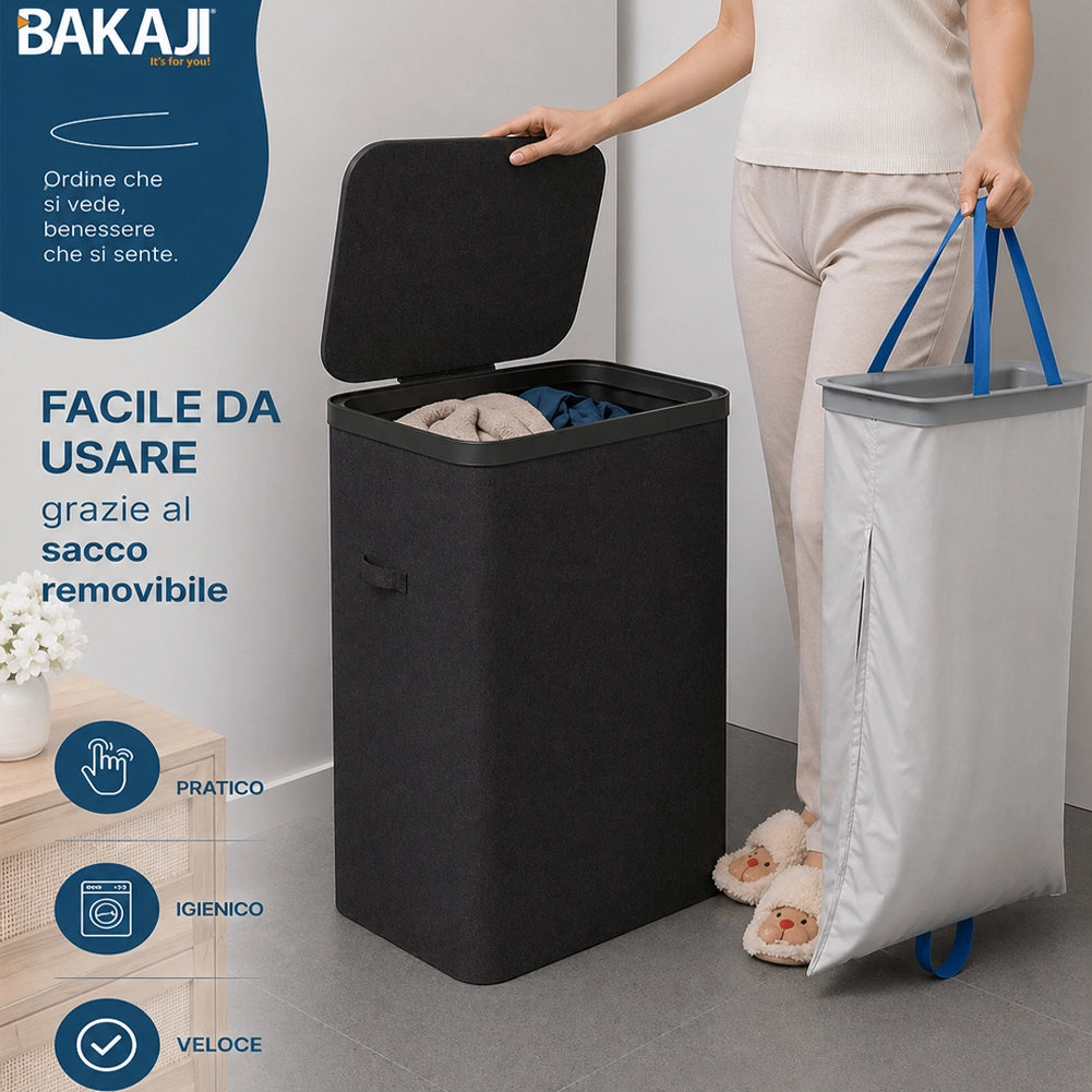 Cesto Biancheria Sporca Nero Portabiancheria 105L Sacco Estraibile 42x32x67cm
