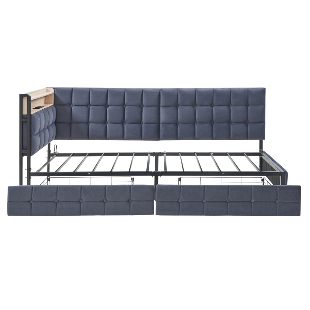 Letto imbottito 90x200 cm con LED; cassetti e USB in tessuto grigio