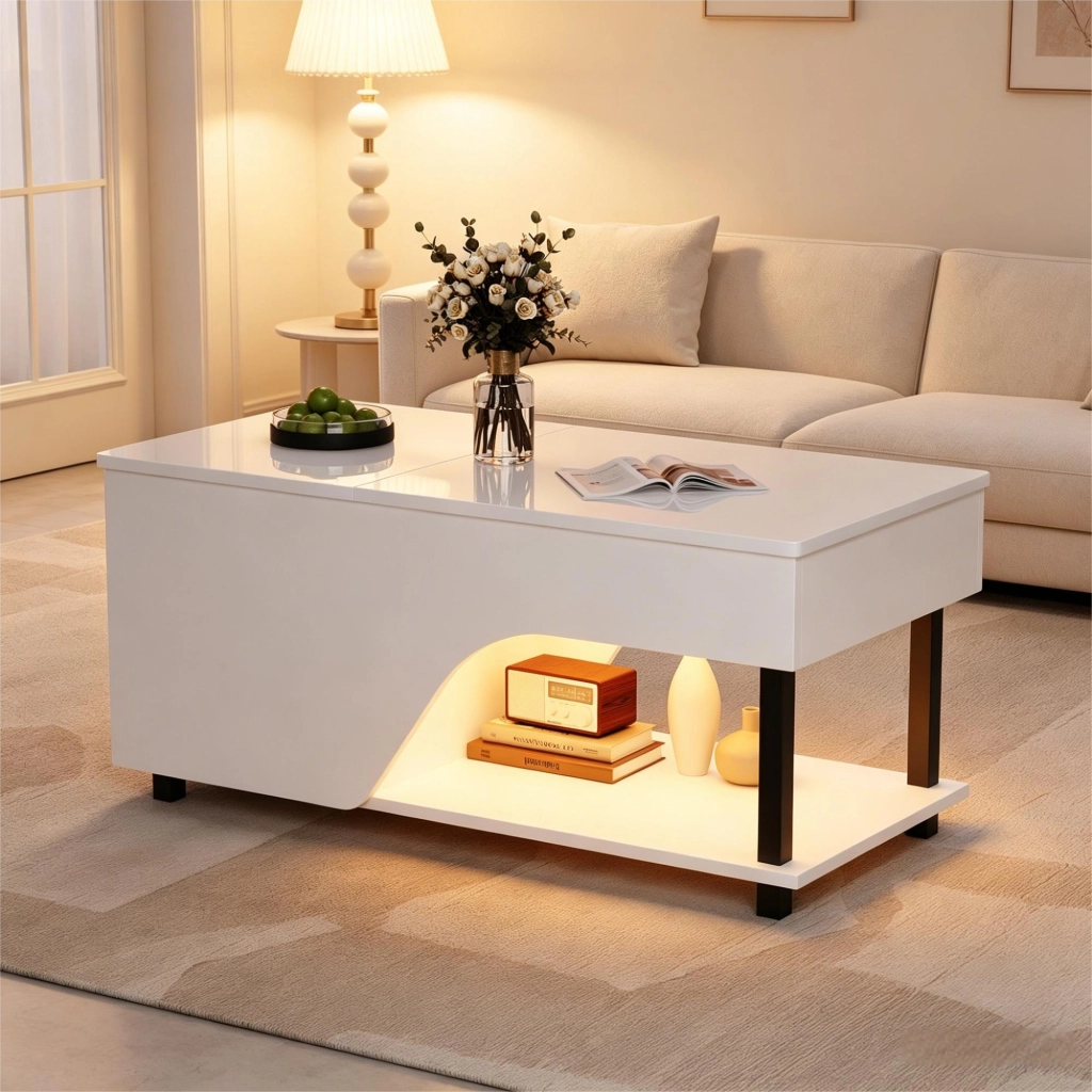 Tavolino da caffè alzabile con vano portaoggetti e ripiani laterali - per soggiorno - 50×100×46 cm - bianco