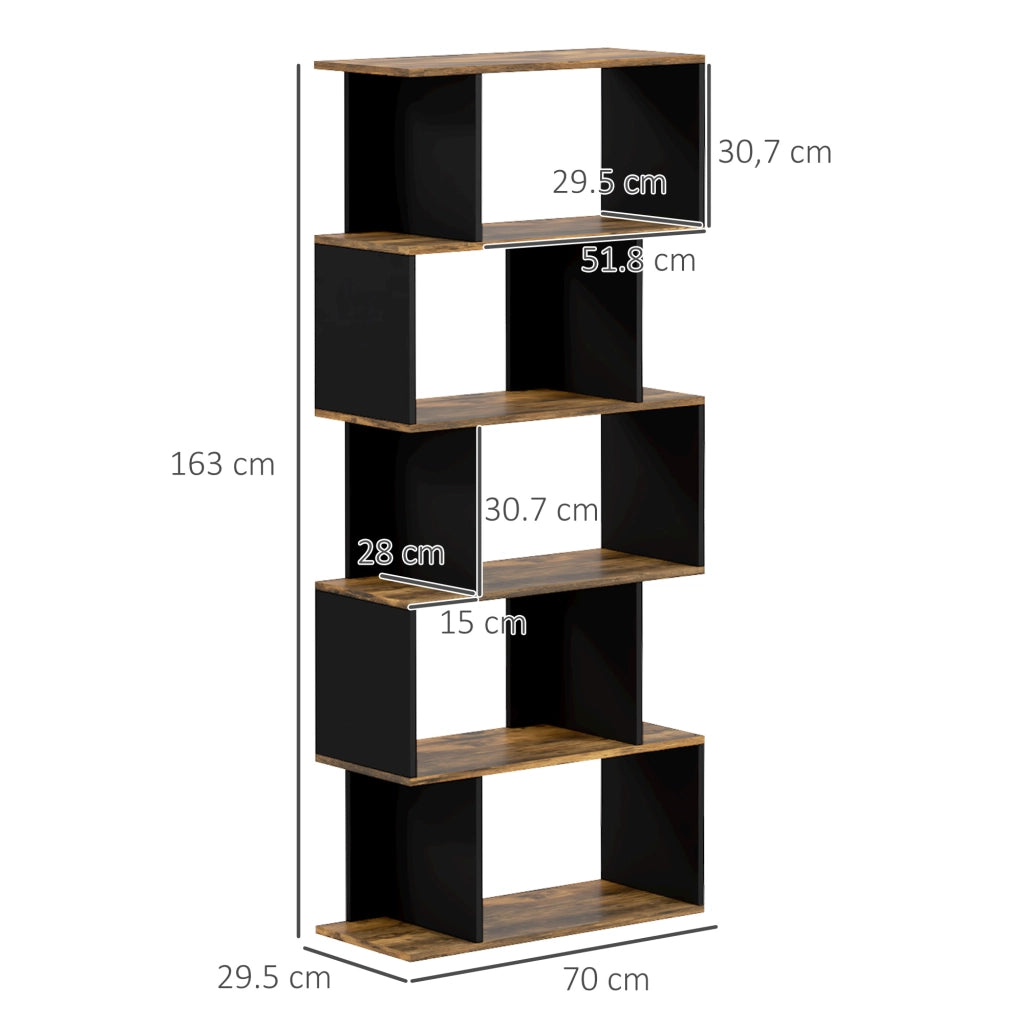Libreria Moderna Asimmetrica a Parete con 5 Ripiani in Legno, 70x29.5x163cm, Marrone Rustico