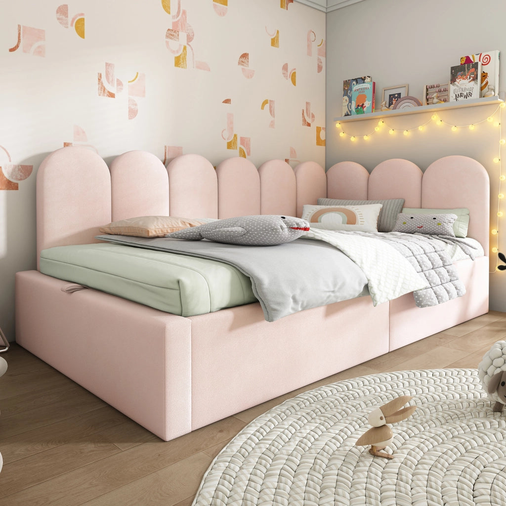 OKWISH Letto a Divanetto 90×190 cm, Letto Singolo con Contenitore Idraulico, Testiera e Sponda, senza Materasso, in Velluto, Rosa