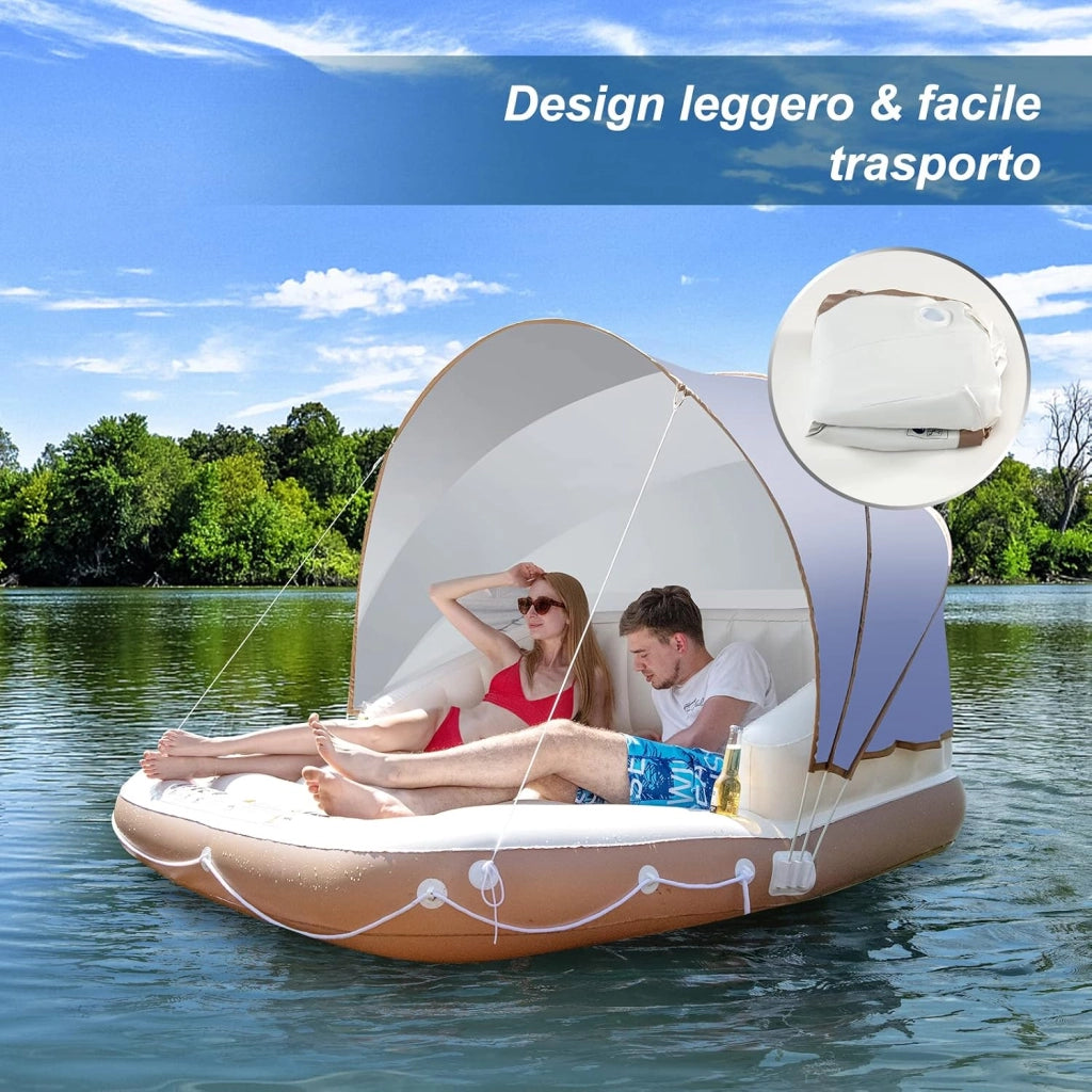 Letto Galleggiante Gonfiabile, Letto Galleggiante Mare con Tettuccio Retrattile e Rimovibile, 2 Porta Bicchieri, per Interna ed Esterna, UPF50+, Portata 200 kg