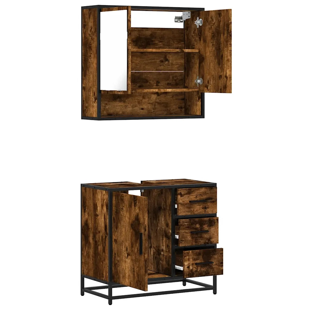 Set Mobili da Bagno | Armadio da bagno 2 pz Rovere Fumo in Legno Multistrato
