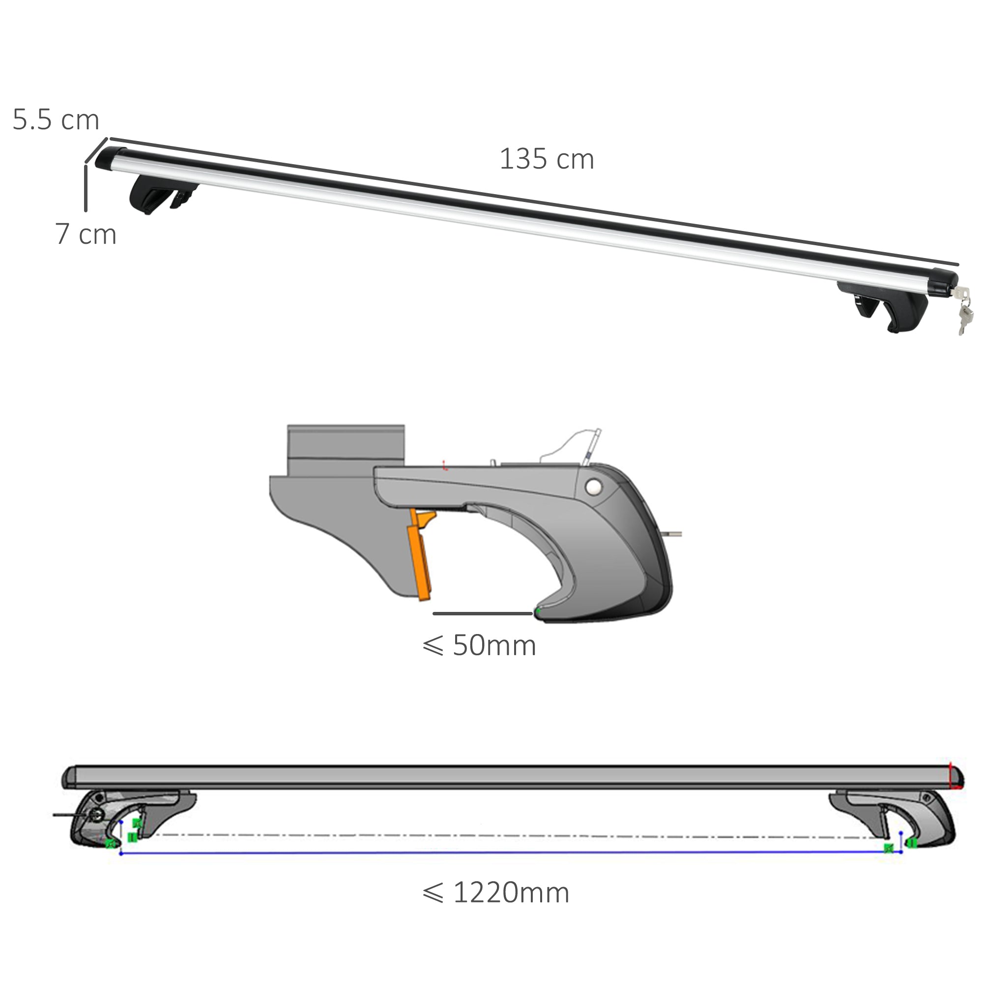 Barre Portatutto per Auto 135,3x5,7x7 cm Portata da 75 kg con Blocco e Chiavi di Sicurezza in Alluminio e ABS Argento