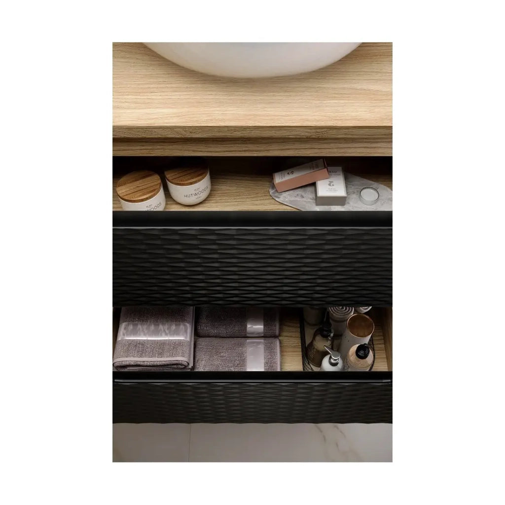 Mobile sottolavabo YOKA – 2 cassetti – Rovere chiaro e nero – L70 × P46 × H57 cm – Da appendere